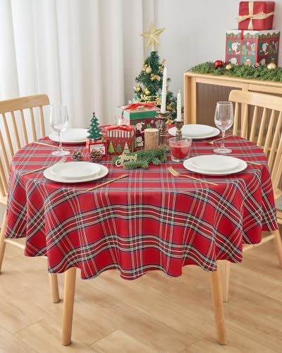Round Christmas Tablecloth 60 Inch, Farmhouse Buffalo Plaid