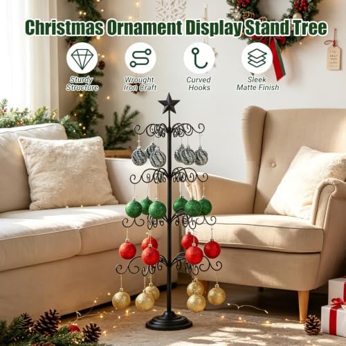 4‑Tier Metal Ornament Display Tree Stand, Wrought Iron Christmas Tree Black