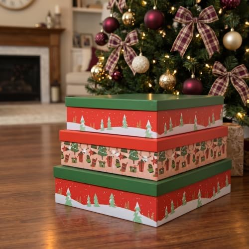 Soul & Lane - Large Christmas Gift Boxes with Lids, Set of 3, Red and Green