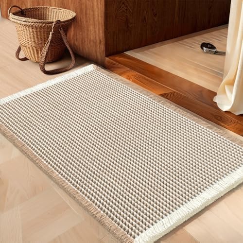 IM HOME Waffle Bath Mat Brown & Cream 24"x17", Boho Woven Modern Bath Mat Rugs, Absorbent Non Slip Bathroom Rugs, Soft Washable Bath Rugs with Tassels for Bedroom, Kitchen, Shower, Tub