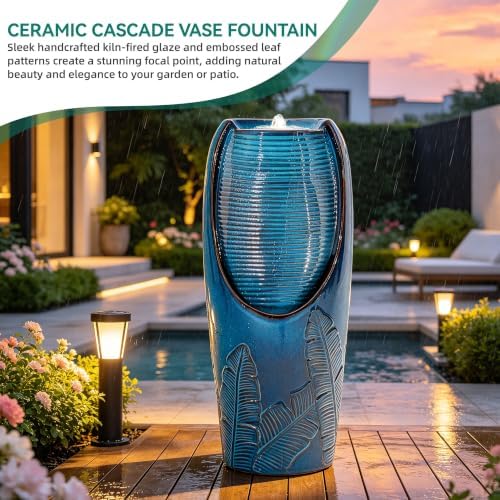 Autodaya 33" H Ceramic Jar Outdoor Water Fountain, Banana Leaf-Texture