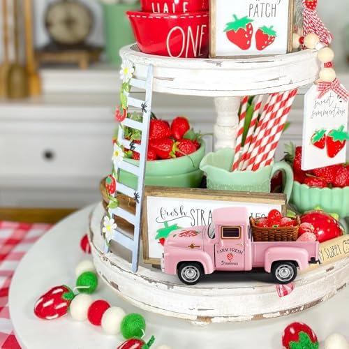 Strawberry Truck Decor, Pink Pickup Truck with Fake Strawberries, Rustic Farmhouse Tiered Tray Decor, Spring Country Kitchen Decorations for Home Office