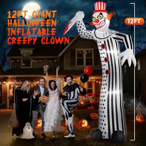 zukakii 12Ft Giant Halloween Inflatables Creepy Clown, Huge Halloween Decorations Outdoor Blow Up Yard Decorations Built-in Full-Body LED Light & Strong Blower for Home Decor Party Lawn