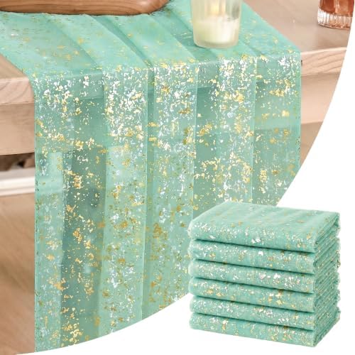 Artoid Mode 6Pcs Turquoise Gauze Gold Table Runner 10FT, Glitter Metallic Foil Sheer Dining Wedding Anniversary Holiday Table Decor for Home Party