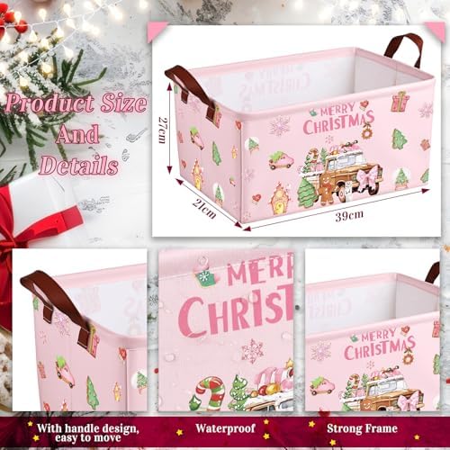 CHENGU 6 Pack Christmas Storage Basket Pink Collapsible Christmas Basket for Gifts Gingerbread Man Holiday Decor Large Gingerbread House Bin Foldable Xmas Tree Box with Handle for Bedroom Office Home