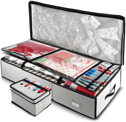 Hearth & Harbor Wrapping Paper Storage Container - Christmas Storage Bag with Ribbon Dispenser and Interior Pockets - Gift Wrap Organizer Fits Up to 26 Rolls of 40" Length, Silver