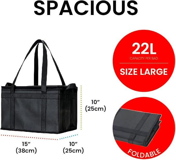 NZ home Insulated Food Bag, Portable Cooler Tote (Large, Black, 2 Pack) | Thermal bag, For cold and hot food, Soft sided cooler, Heavy duty 6-layered tote, Grocery shopping, Beach or travel bag
