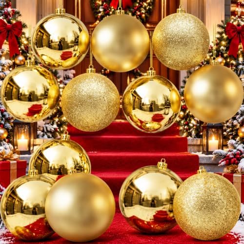 Jenaai 12 Pcs Large Gold Christmas Ball Ornaments, 8 Inch Big Oversized Shatterproof Christmas Tree Decorations Matte Glitter Giant Jumbo Plastic Hanging Baubles for Xmas Holiday Party Indoor Outdoor