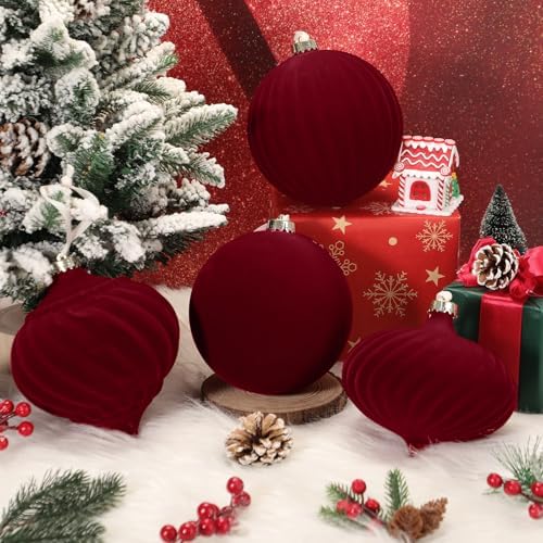 Civaner 4 Pcs Large Velvet Christmas Ball,6 Inch,Burgundy