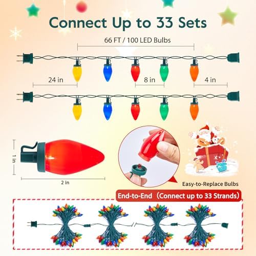Brightown C9 LED Christmas String Lights, 2 Pack 66ft Multi-Color Outdoor Lights String with 100 Smooth Opaque Bulbs, Plug-in Vintage Roofline Lights String for Outside Patio Christmas Holiday Decor