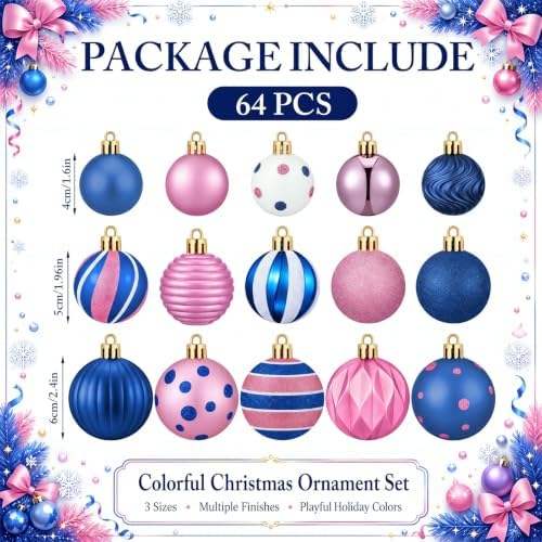 Lunmon 64 Pcs Blue Pink Christmas Ball Ornaments Set Cartoon Xmas Baubles