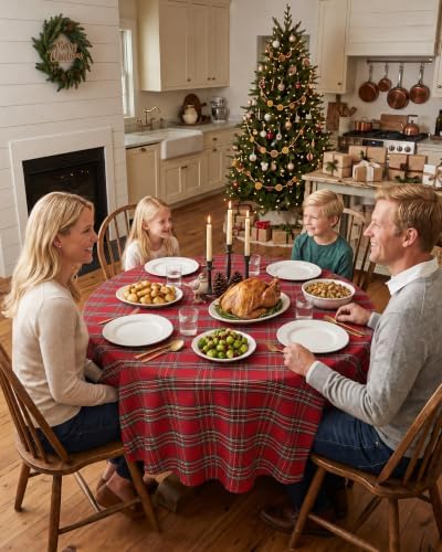 Round Christmas Tablecloth 60 Inch, Farmhouse Buffalo Plaid