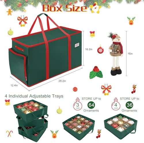 2-in-1 Christmas Ornament Storage Box Keeps 64-3"/36-4" Holiday Ornaments