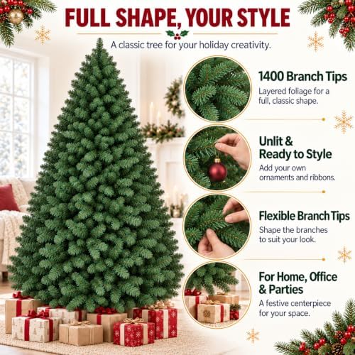 7.5ft Artificial Christmas Tree, Realistic Full Unlit Holiday Décor