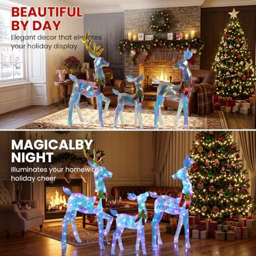 48" 3-Piece 2.5D Colorful Lighted Christmas Deer Family Outdoor Decorations, Clear-Look Reindeer Set with 145 Lights, Gold Antlers, Stakes and Zip Ties for Yard Lawn Porch Garden Holiday Decor