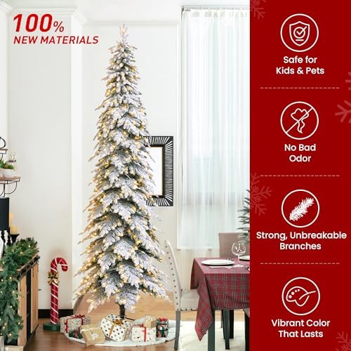 Glitzhome 11ft Prelit Christmas Tree, Artificial Christmas Tree with 700 Warm White Lights, Flocked Pencil Tree Chicago Frostwood Spruce Xmas Tree w/2890 PE&PVC Branch Tips and Sturdy Metal Stand