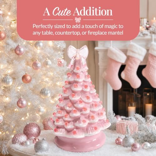 Best Choice Products 15in Ceramic Christmas Tree, Pre-lit Hand-Painted Tabletop Pinkmas Holiday Tree, Star Topper, 64 Lights - Pink w/Pink Bulbs