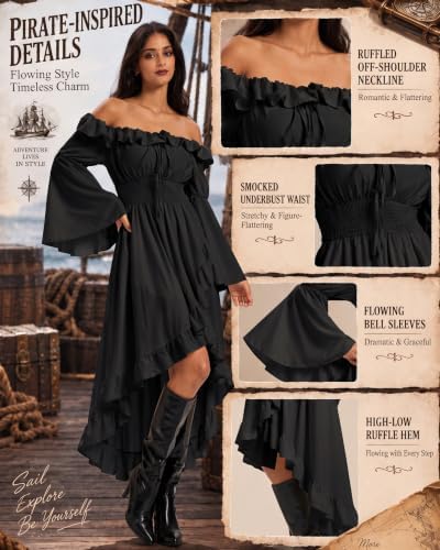 Pirate Costume Women, Renaissance Dress with Corset Belt, 4-Piece