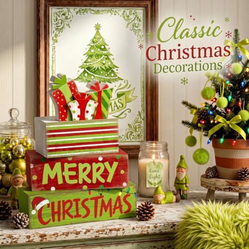 Lineshading 4 Pcs Christmas Table Decor - Red Lime Green Gift Box Wood Sign
