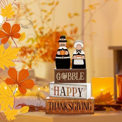 Lineshading 4 Pcs Thanksgiving Table Decor, Wooden Pilgrim Couple Sign Set