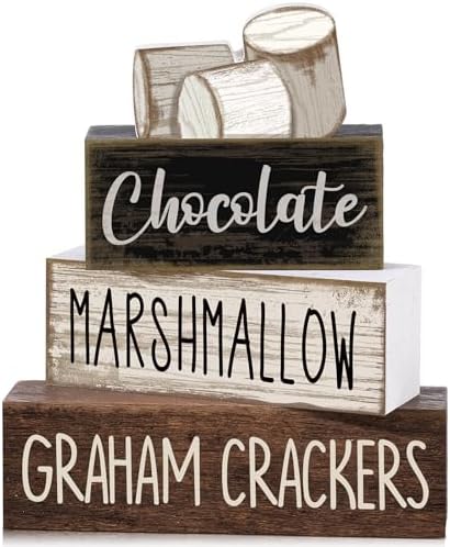 Moucuny 4 Pcs Wooden Block Signs Farmhouse Table Tiered Tray Smores Theme