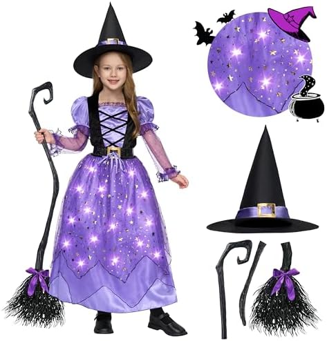 Spooktacular Creations Girls Witch Costume, Light up Witch Costume Kids, Starry Dress for Child Halloween Role Play Parties