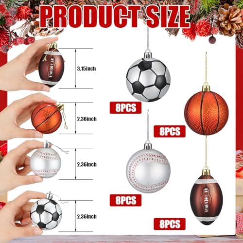 Syhood 32 Pcs Christmas Sport Ball Ornaments Tree Decor with Hanging Loop