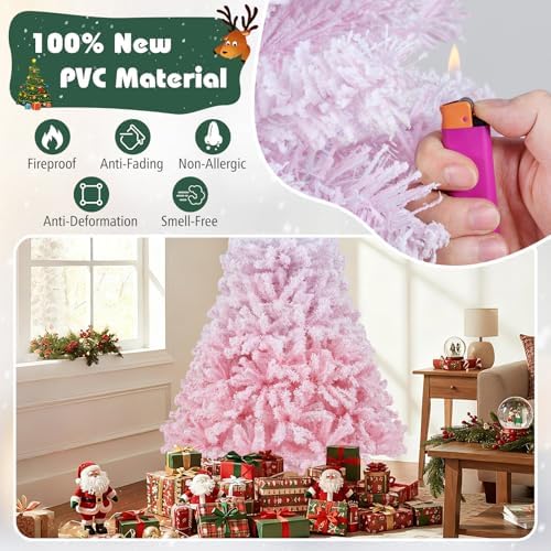HAPPYGRILL 6 FT Pre-lit Flocked Christmas Tree Pink Hinged Xmas Tree with 820 Branch Tips, 250 Warm White LED Lights & Folding Metal Stand, for Home Office Carnival