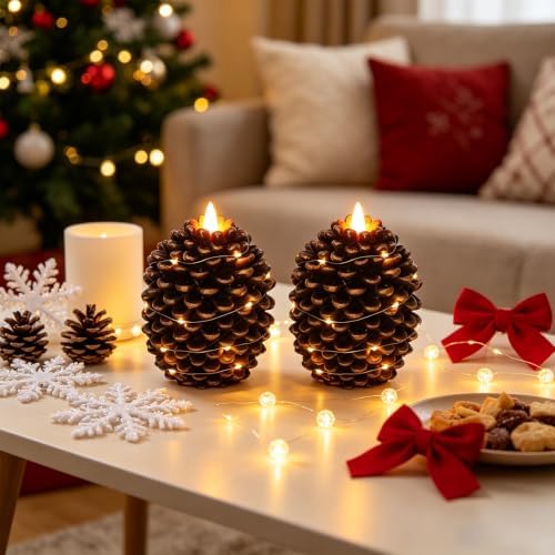Wondise Pine Cone Flameless Candles with 6H Timer String Lights