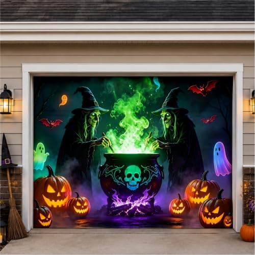 Halloween Garage Door Cover 8x7 FT, Witch Halloween Garage Door Decoration, Large Single Garage Door Banner with Pumpkin Ghost Bat Design, Outdoor Halloween Decor for Home Yard Party