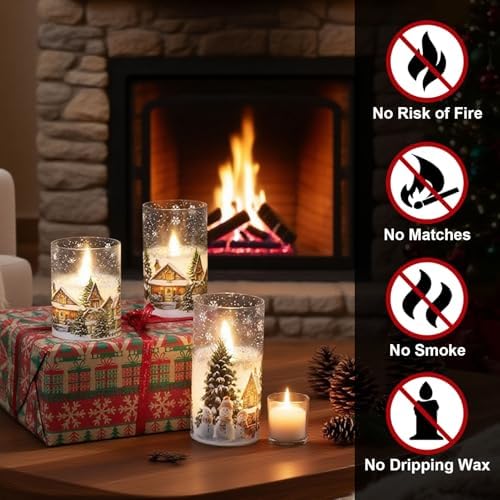 Snowman House Glass Flameless Candle Battery Operated Remote Timer
