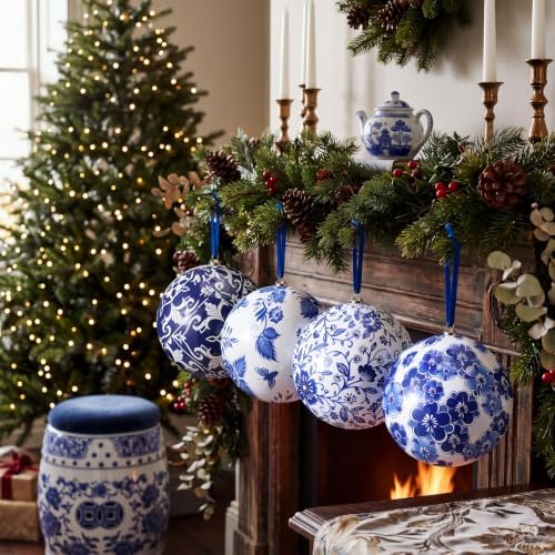 RoundFunny 4 Pcs Chinoiserie Christmas Ornaments 6 Inch Large Blue White Ball Ornaments with Ribbon Foam Porcelain Chinoiserie Christmas Decorations for Home Xmas Tree Party Decor, Not Porcelain