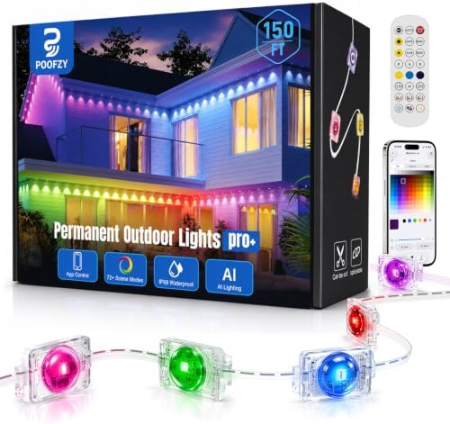 POOFZY Permanent Outdoor Lights 150FT, RGB+IC Smart Outdoor Lights for House, App & Voice Control, Waterproof Outdoor Eave Lights for Christmas Holiday Patio Yard Decor