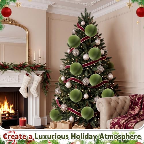 Weysat 6 Pcs 8 Inch Giant Velvet Christmas Ball Ornaments, Olive Green
