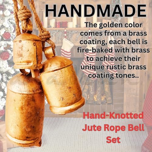 Decorative Cow Bells Set of 3 Large Harmony Bells - Vintage Giant Christmas Bells, Country Rustic Cowbell on Jute Rope XL Hanging Lucky Golden Bells (4"-6"-8")