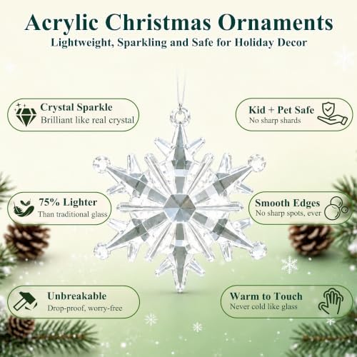 Crystal Christmas Tree Ornaments, Clear Acrylic Snowflake & Icicle, 32pcs