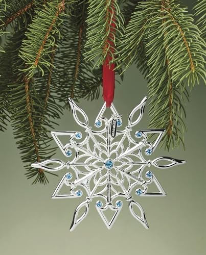 Lenox Ornament, 2025 Snow Majesty Silverplate Ornament, Stainless Steel Christmas Tree Decoration, Snowflake Design, Blue Jeweled Accents, Red Ribbon for Hanging, Christmas Decoration(Silver, 1 Piece)