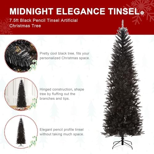 Glitzhome Pencil Tinsel Artificial Christmas Tree, 7.5ft Black Halloween Christmas Tree with 1188 Branch Tips and Foldable Metal Stand for Home Office Party Decoration