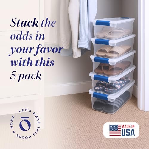 HOMZ Clear Plastic Storage Bins w/Latching Lid, 7.5 Qt, Blue, 5 Pack