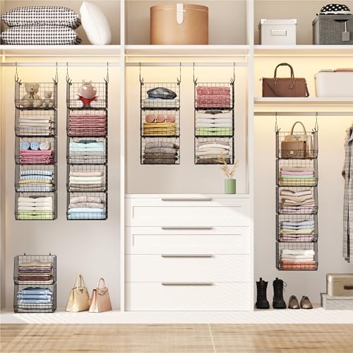 X-cosrack 5 Tier Closet Hanging Organizer, Clothes Hanging Shelves with 4 Hanging Hooks 5 S Hooks, Wire Storage Basket Bins, for Clothing Sweaters Shoes Handbags Clutches Accessories Patent Design