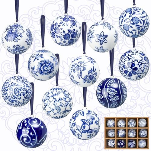 Cindeer 12 Pcs Blue and White Christmas Porcelain Balls, Elegant Style