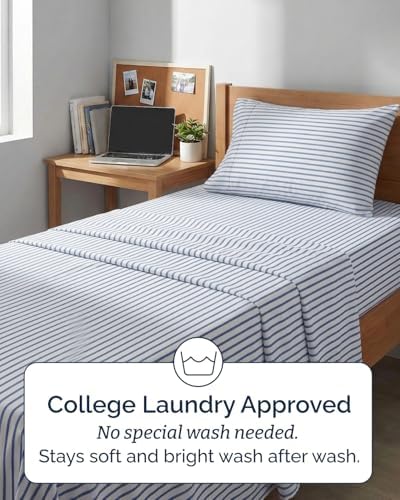 Twin XL Size 3 Piece Sheet Set - Breathable & Cooling Sheets - Blue Stripes