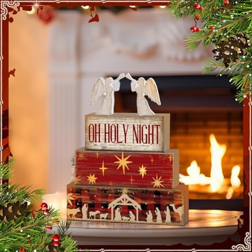 Moucuny 4 Pcs Christmas Table Decor, Oh Holy Night Wooden Sign