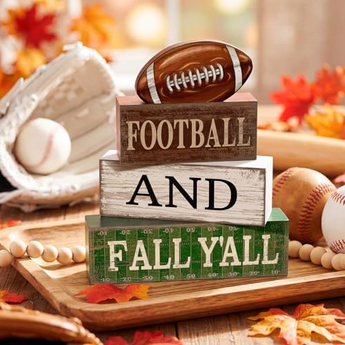 Lineshading 4 Pcs Fall Football Table Decorations for Home Sport Block Sign