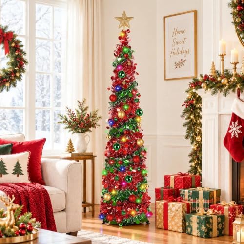 N&T NIETING Pop Up Christmas Tree with Lights & 30 Balls, 5Ft Collapsible Tinsel Tree Decorations for Holiday Home Office Decor, Red & Green