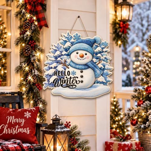 Christmas Snowman Decorations Hello Winter Hanging Wooden Door Sign