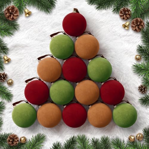 TOWPONICS 15 Pcs Velvet Christmas Tree Ornaments, 3.15 Inch Red Green Brown Velvet Ornaments for Christmas Tree, Flocked Ornaments Balls for Family Holiday Wedding Party Xmas Hanging Decoration