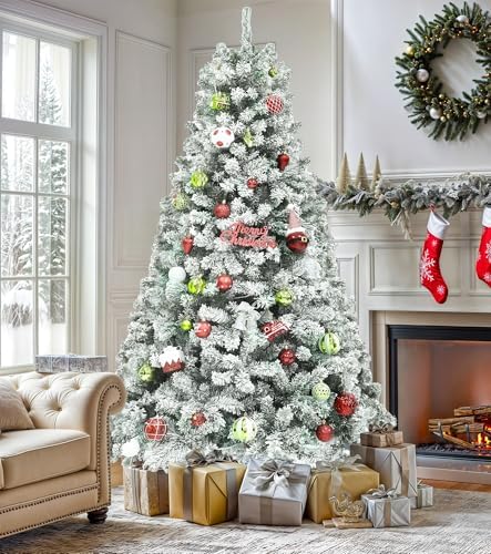 DWVO 6ft Snow Flocked Artificial Christmas Tree with 880 Tips