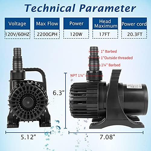 WaterRebirth (2200GPH-120W,UL listed) High Flow Large Fountain Submersible Water Pond Sump Pump Aquarium Electric Waterfall Pump Outdoor PS-2200 (Pack of 2)