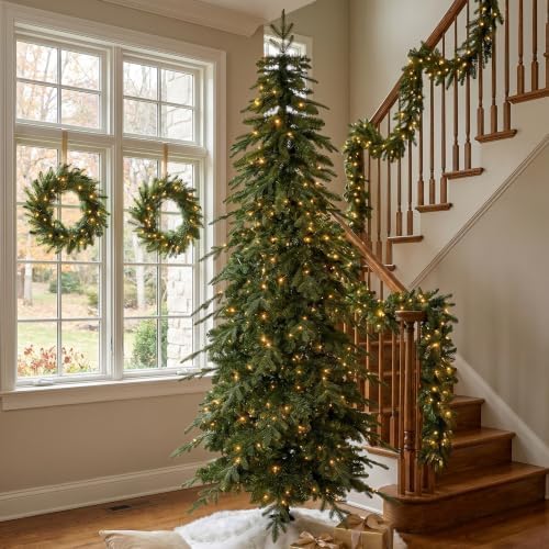 Glitzhome 7.5ft Prelit Christmas Tree, Green Artificial Pencil Christmas Tree with 350 Warm White & Multi-Color LED Lights, 1,498 PE&PVC Tips, Chicago Evergreen Spruce for Home Office Holiday Décor